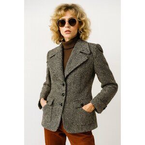 vintage 70s VINTAGE HERRINGBONE COAT jacket wool tweed MEDIUM